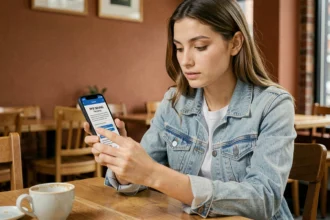 Jeune femme révisant ses questions de permis de conduire en PDF sur smartphone dans un café