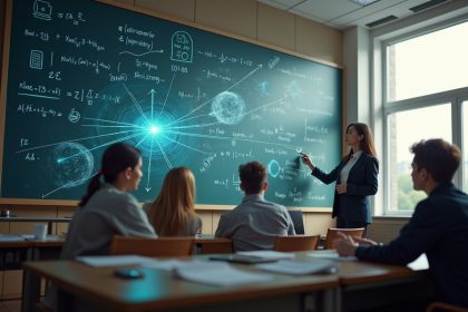 Salle de classe avec enseignant et hologramme AI interactif