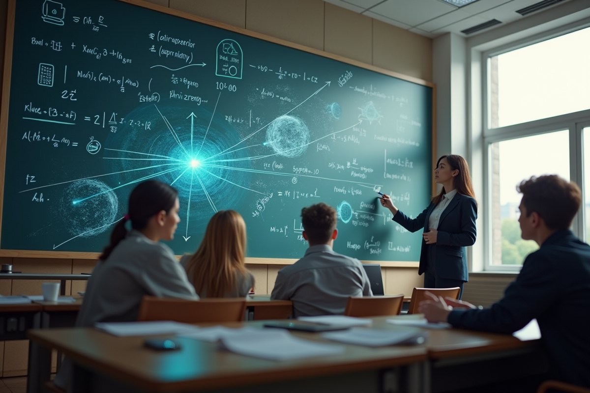 Salle de classe avec enseignant et hologramme AI interactif