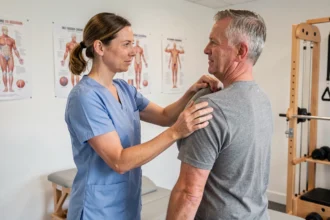 Kinésithérapeute belge guidant un patient lors d'une séance de rééducation de l'épaule dans une clinique moderne