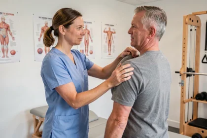 Kinésithérapeute belge guidant un patient lors d'une séance de rééducation de l'épaule dans une clinique moderne