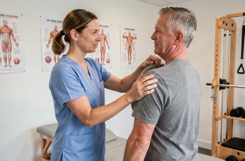 Kinésithérapeute belge guidant un patient lors d'une séance de rééducation de l'épaule dans une clinique moderne