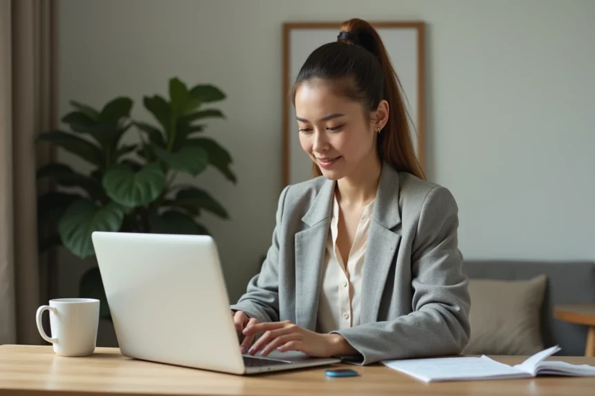 Femme utilisant le service en ligne UHA sur un ordinateur portable dans un bureau à domicile en 2026
