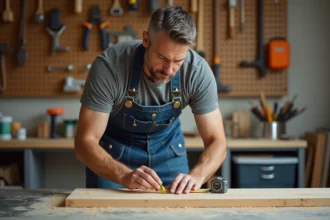 Homme adulte mesurant une planche en bois dans un atelier de bricolage lors d'un stage de rénovation pratique