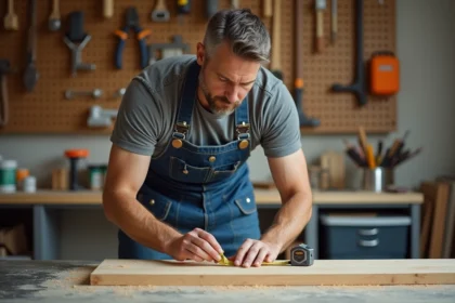 Homme adulte mesurant une planche en bois dans un atelier de bricolage lors d'un stage de rénovation pratique