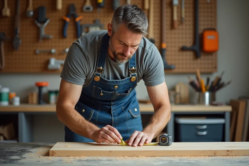 Homme adulte mesurant une planche en bois dans un atelier de bricolage lors d'un stage de rénovation pratique