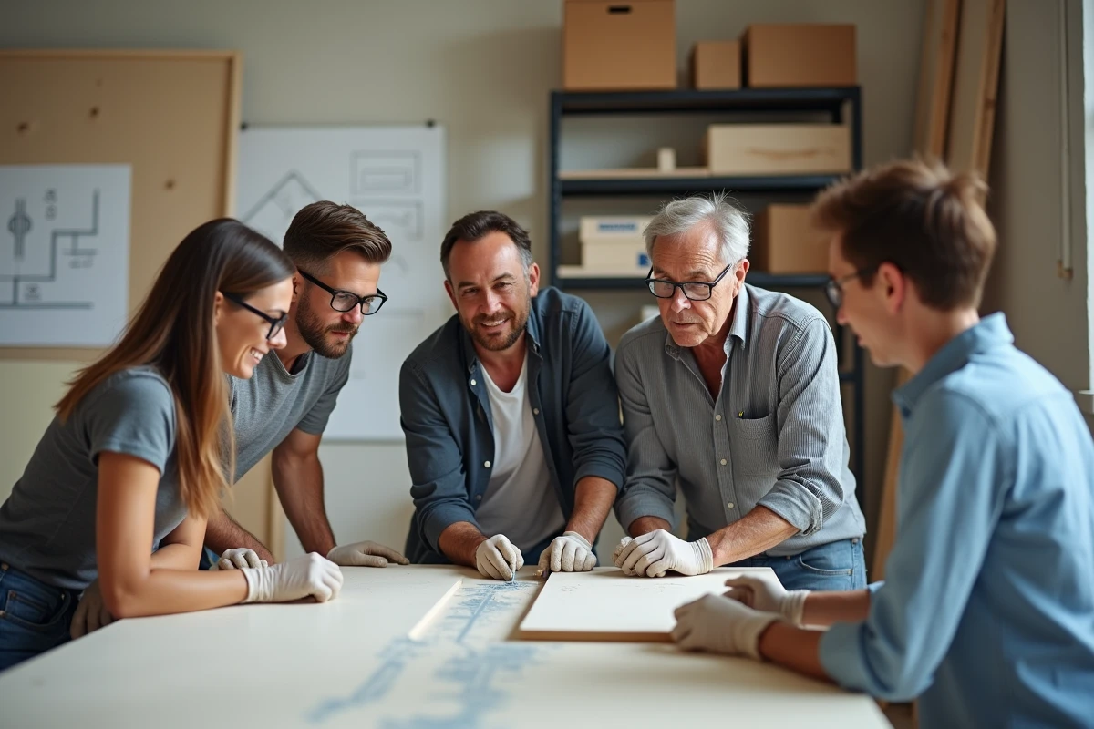 Groupe d'adultes assistant à une démonstration pratique de pose d'enduit lors d'un stage de bricolage professionnel