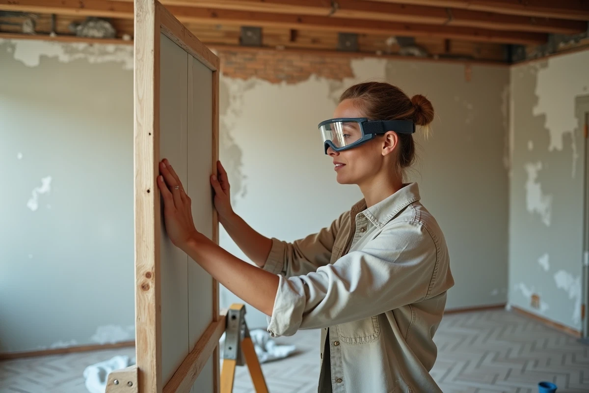 Femme en train de poncer une porte en bois dans une pièce en cours de rénovation avec des matériaux de chantier visibles