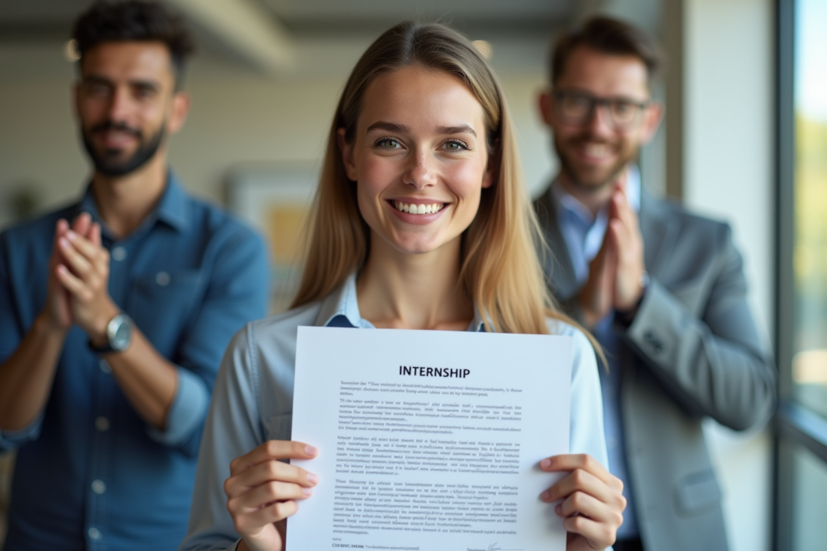 Stagiaire souriant tenant un contrat de stage signé avec un collègue en arrière-plan