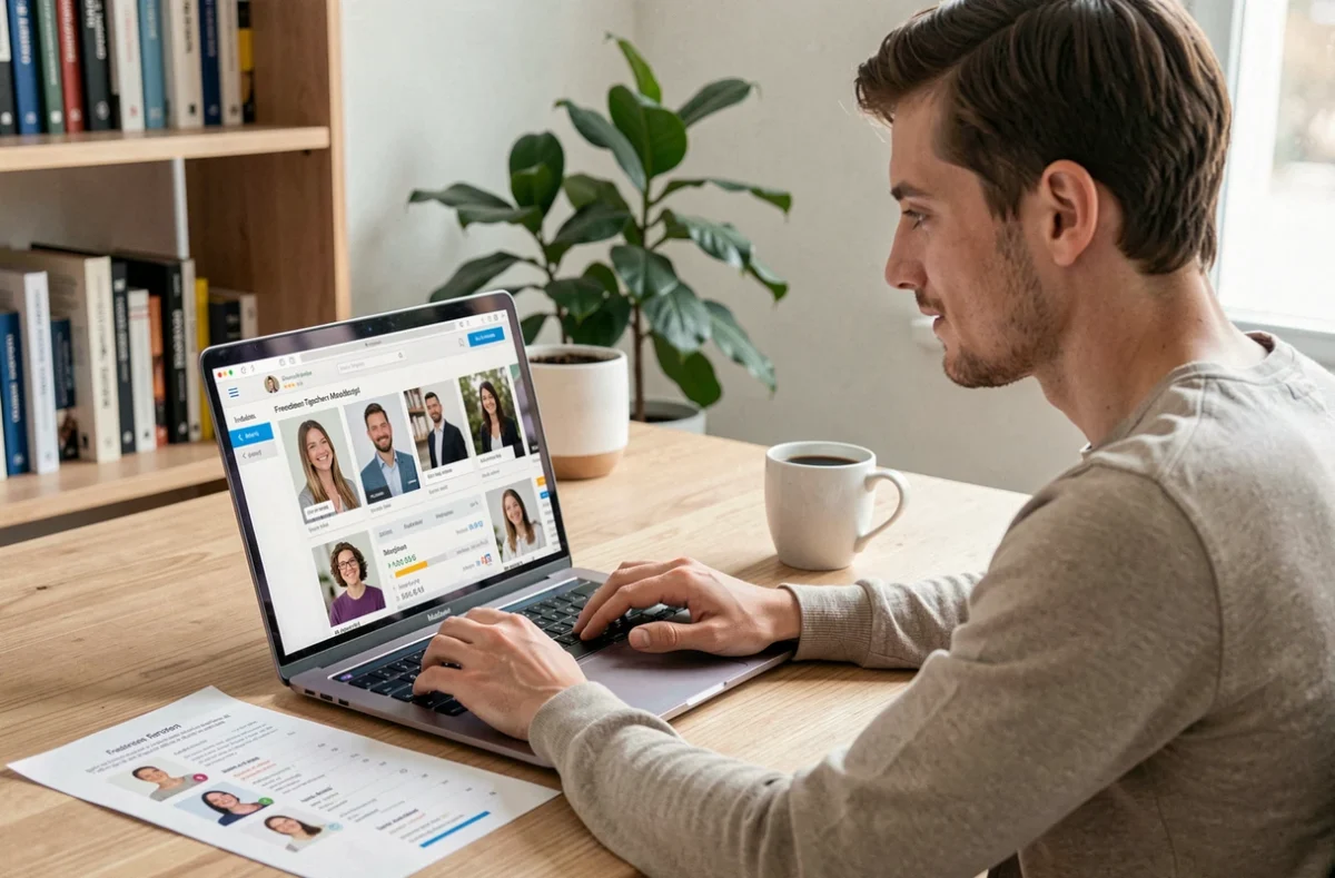 Adulte recherchant un professeur d'anglais indépendant sur une plateforme de mise en relation type Superprof depuis son bureau à domicile