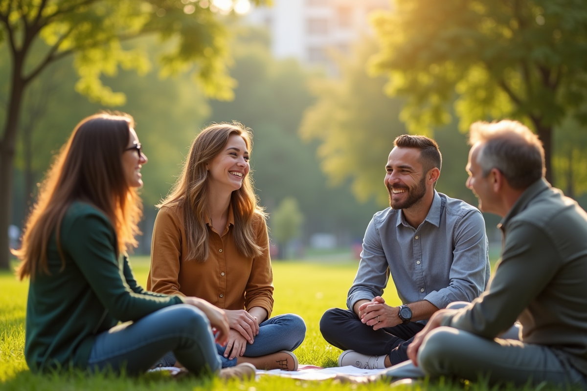 Collegues en teambuilding dans un parc ensoleille