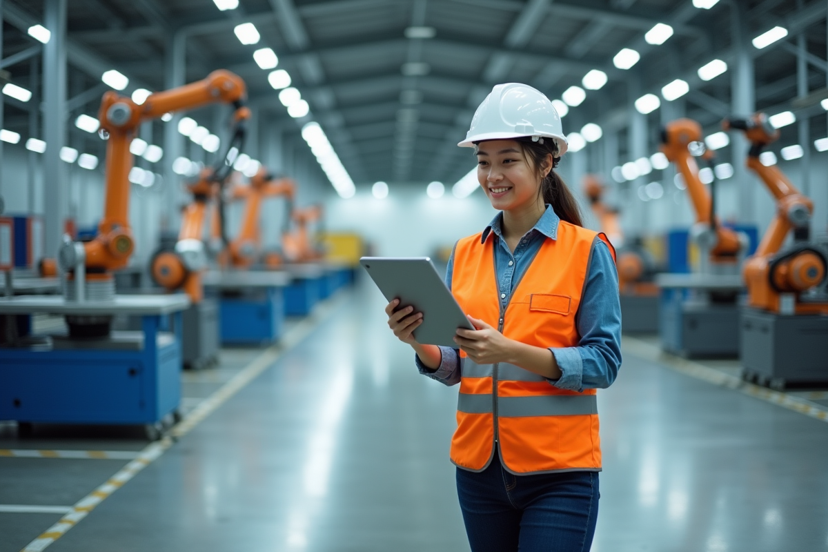 Jeune technicien utilisant une tablette dans une usine robotique moderne