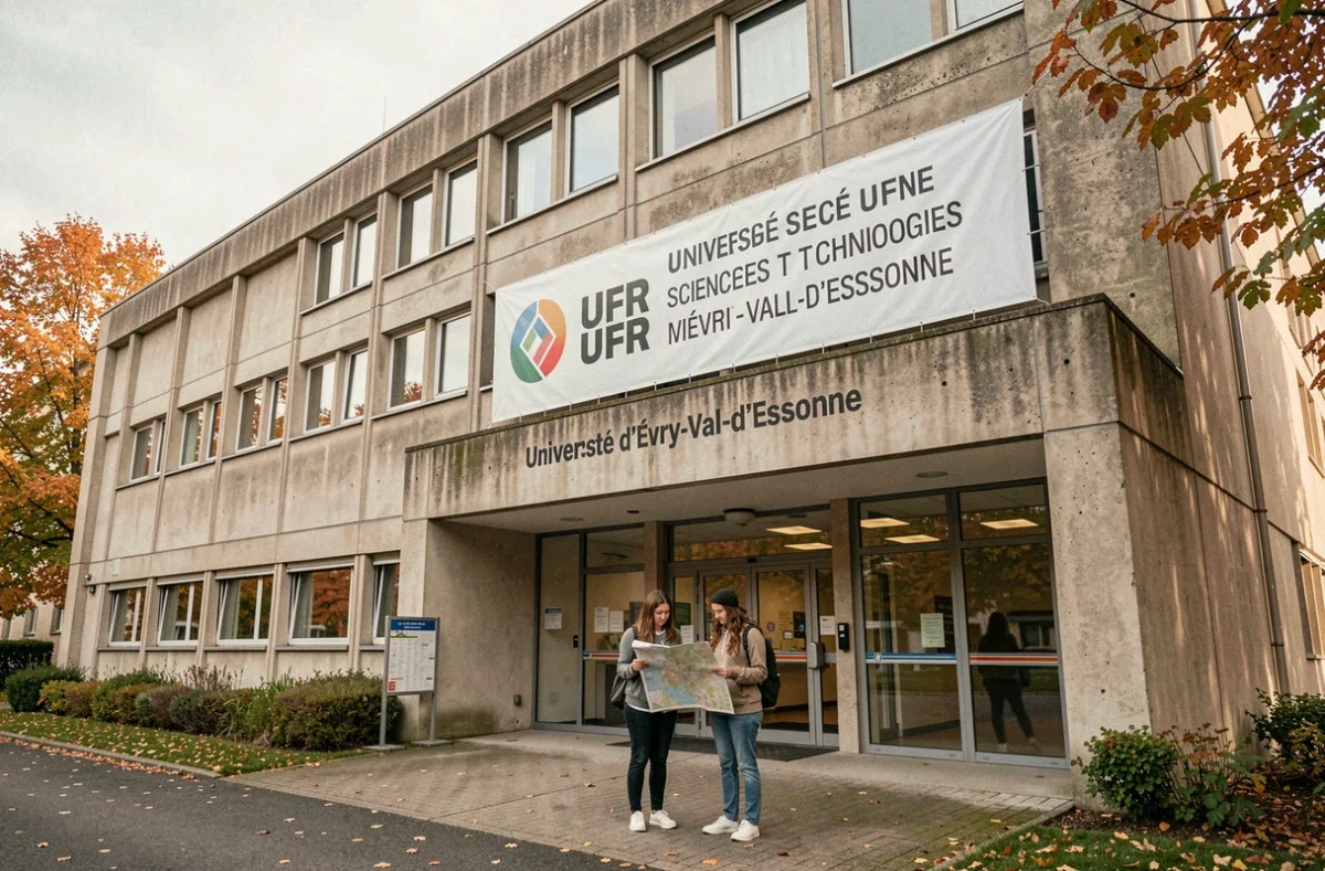 Bâtiment de l'UFR sciences et technologies de l'Université d'Évry-Val-d'Essonne avec des étudiantes à l'entrée