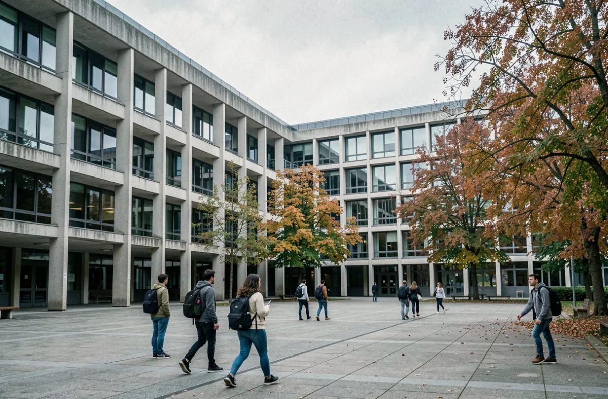 Campus de l'UFR des sciences de l'Université Paris-Sud 11 à Orsay avec étudiants et bâtiments modernistes