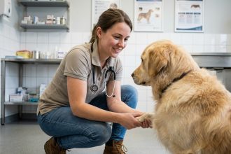 Jeune femme vétérinaire examine un chien dans une clinique