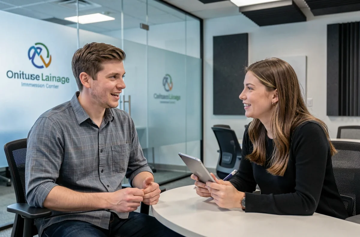 Étudiant adulte en séance d'immersion anglaise avec une tutrice dans un centre de langues professionnel de style Wall Street English